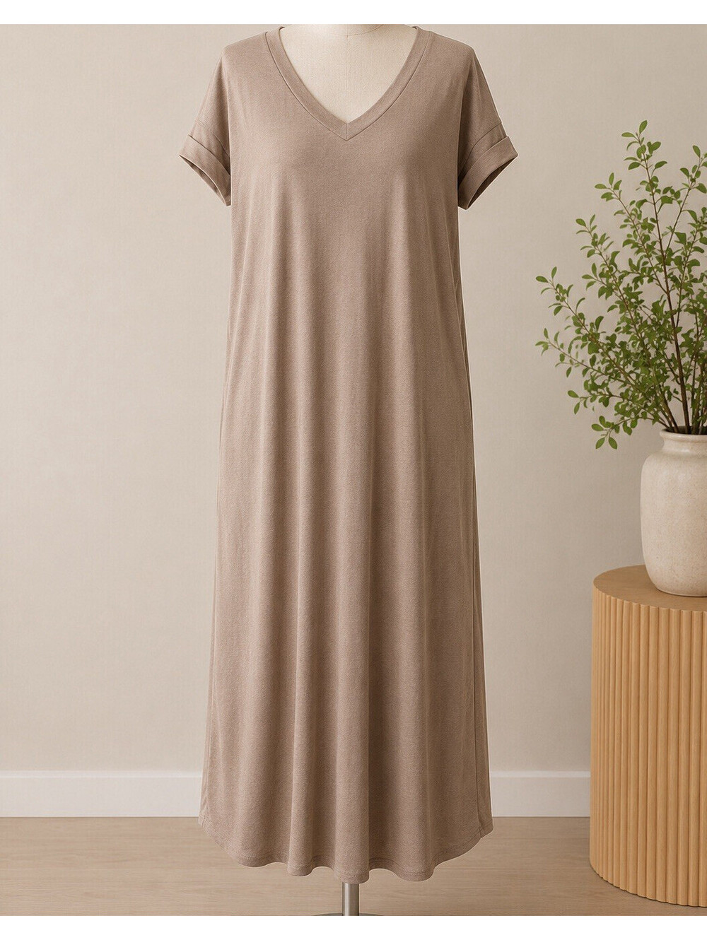 Taupe Solid V-Neck Cap Sleeve Knit Rayon Stretch Knot Midi T-Shirt Dress S